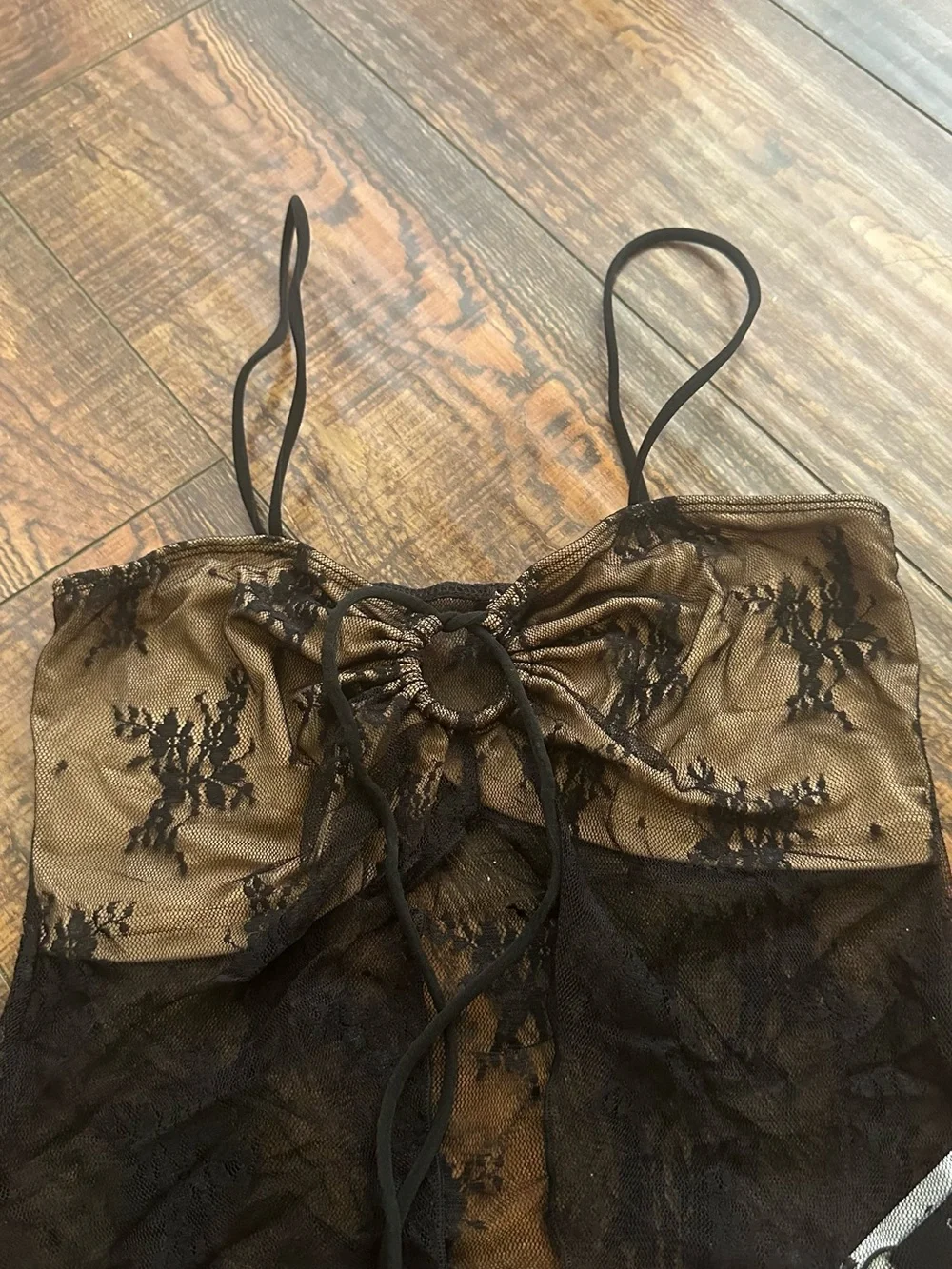 Sheer Lace Overlay Slip Tops Brown/Black
